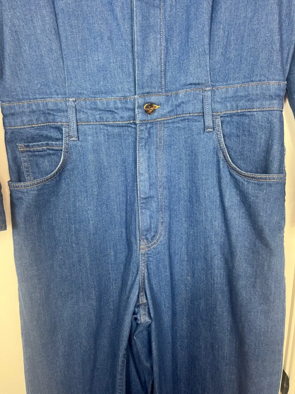 PAIGE Cameron Tie Waist Long Sleeve Wide Leg Denim Jumpsuit